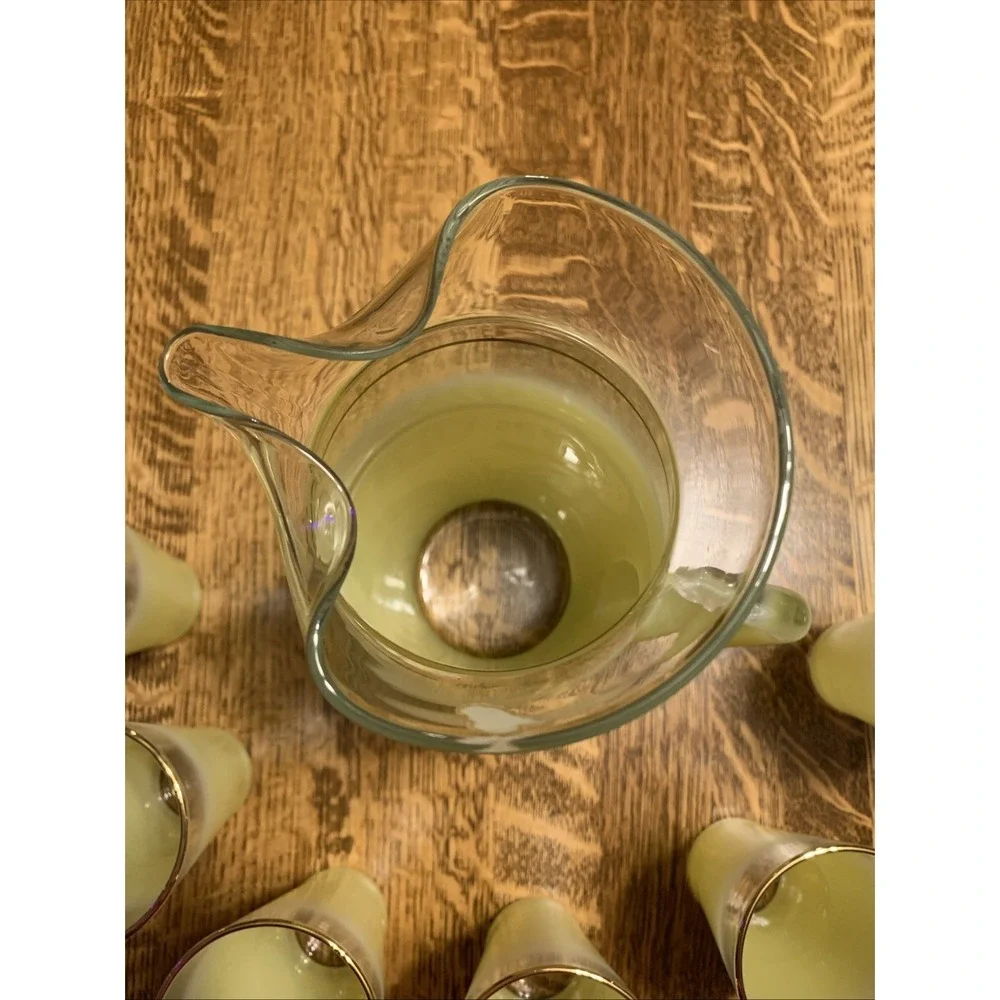 Vtg Lot Blendo Yellow Ombre Frosted Glass Set BIG Pitcher & 6 Tumblers MCM Decor